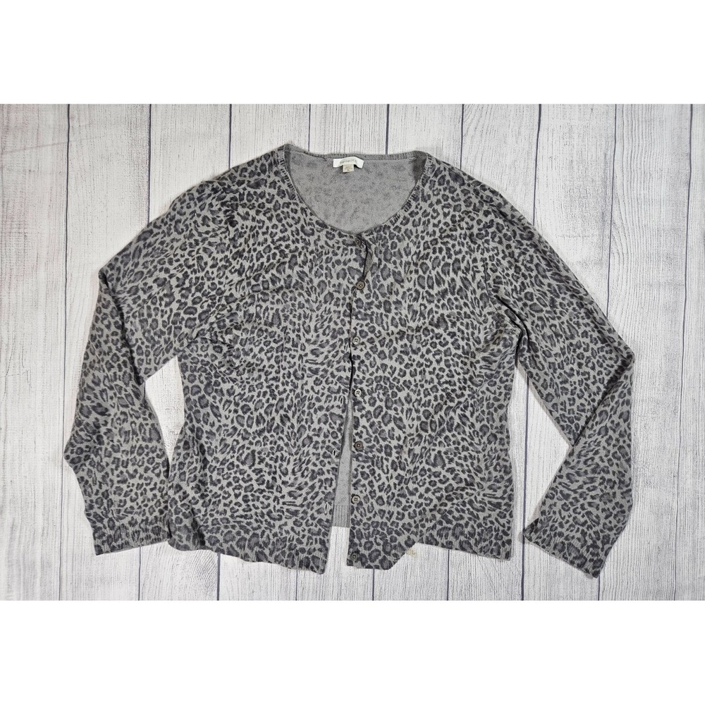 Garnet Hill Cardigan Women's XL Gray 100% Cashmere Leopard Print Button Front